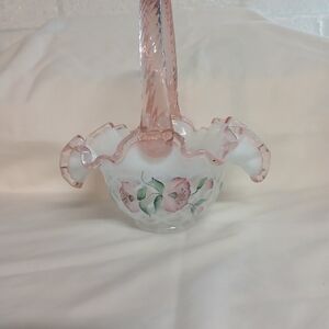 Fenton opalescent pink floral art glass basket with handle